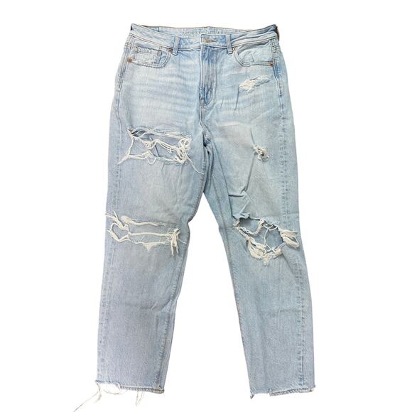 American Eagle Distressed High Rise Mom Jeans Light Wash Casual Festival Sz 10 - Picture 1 of 7